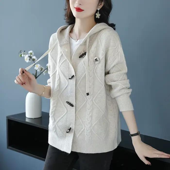 Cardigan Femmes Printemps Automne 2025 Nouveau Ample à Manches Longues Capuche Chic Décontracté Vestes Tricots