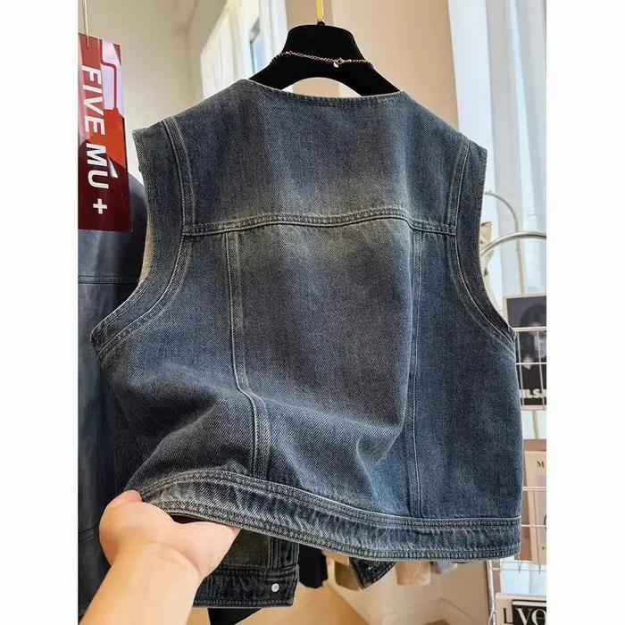 Gilet denim vintage pour femme col rond coupe ample décontracté et polyvalent pour toutes les saisons