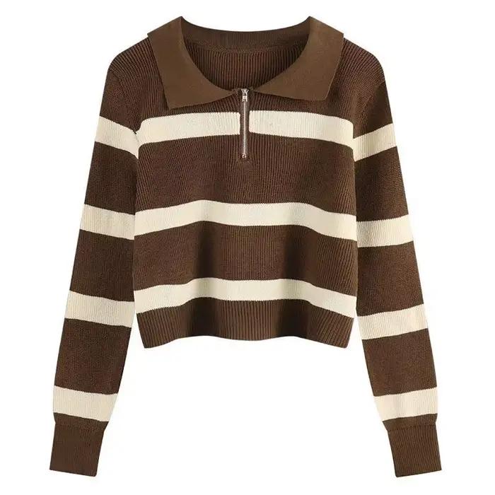 Smvp femmes col rabattu rayé pull Vintage ample à manches longues tricots femme automne hiver chaud tricoté