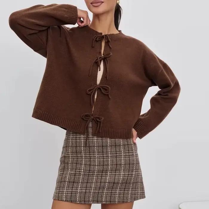 Nouveau automne hiver pull Cardigan femmes O cou à lacets chandails courts