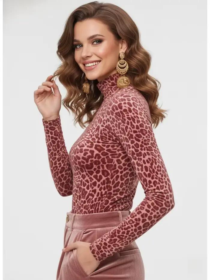 Haut à col roulé rose imprimé léopard Bonboho pour femme – Coupe ajustée
