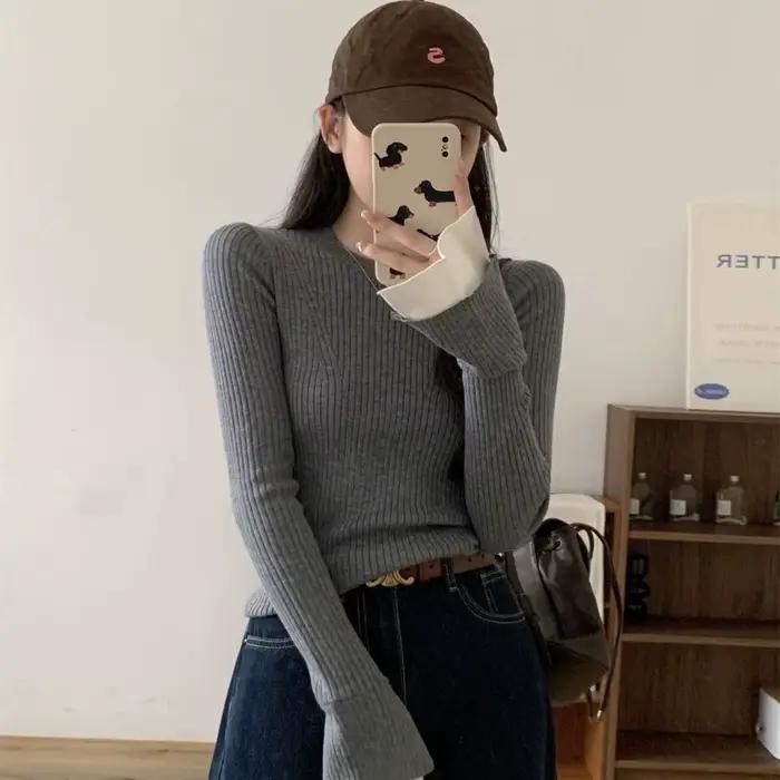 Pull à manches évasées de couleur contrastée de Style français pour femmes en automne et en hiver coupe ajustée et bas Nner à la mode
