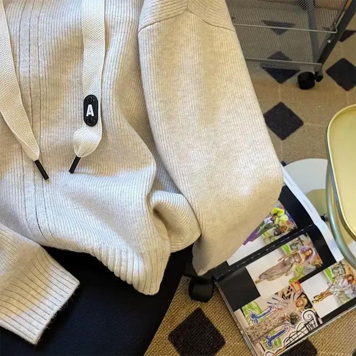 Veste pull à capuche avec cordon de serrage brodé gris pour femme