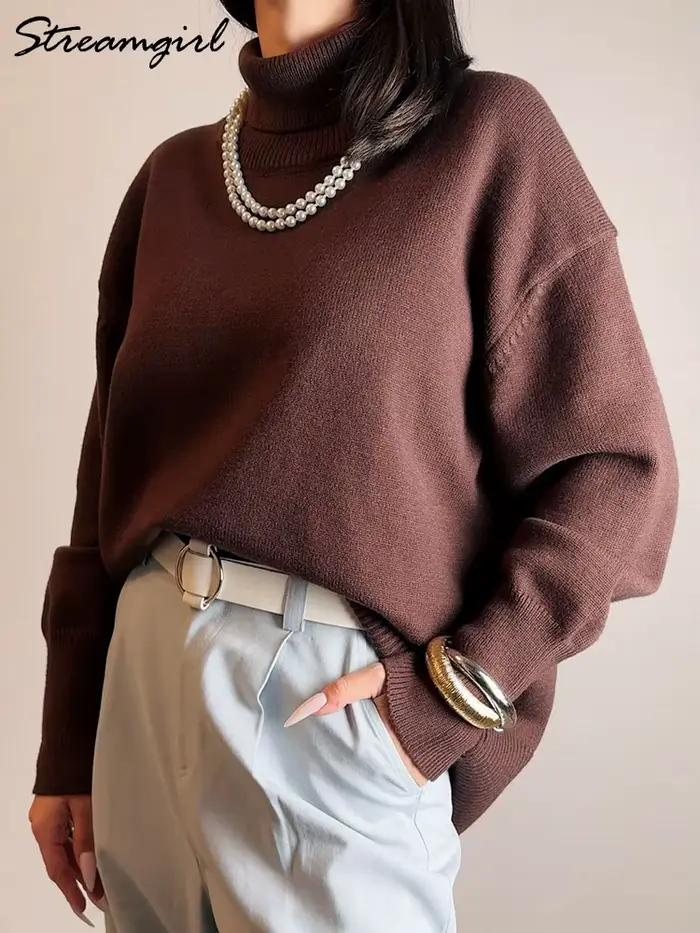 Hiver bordeaux pull femmes col roulé chaud pulls hauts en tricot marron