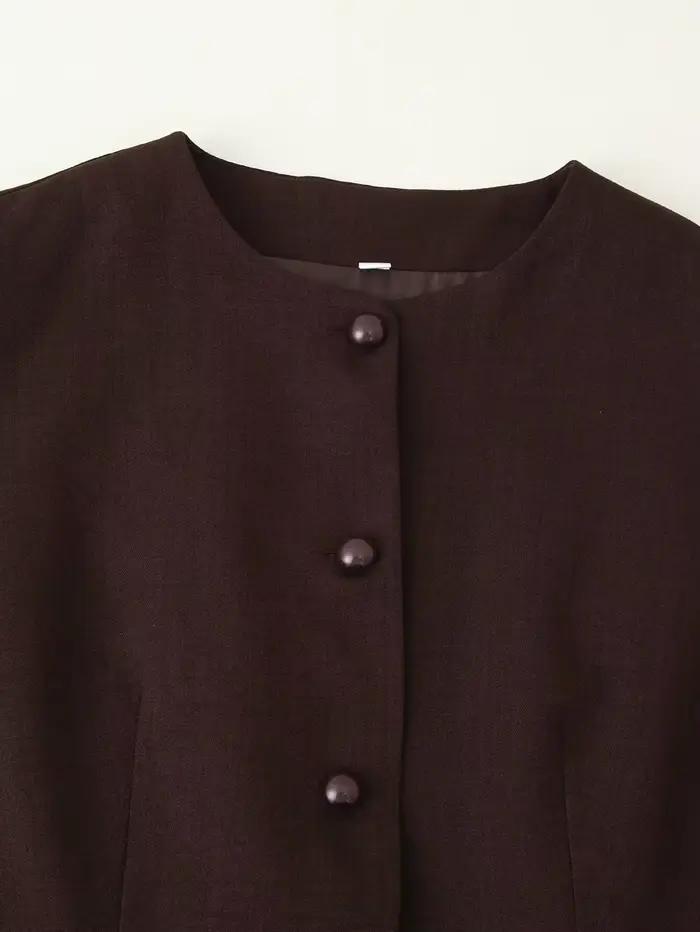 ETJ automne 2025 femmes élégant mode couleur unie col rond gilet tempérament polyvalent bouton up