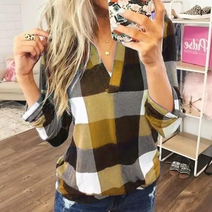 Printemps automne Vintage classique imprimé à carreaux col en v à manches longues pull décontracté chemise élégante mode chemisier ample vêtements féminins