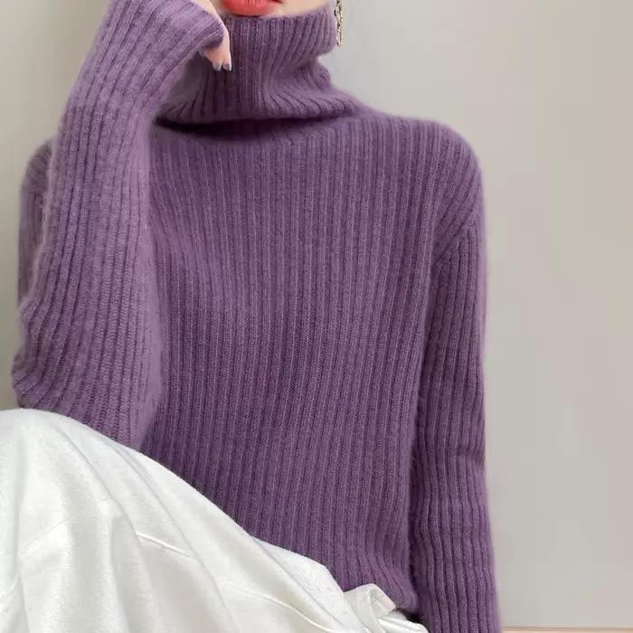 Nouveau cachemire laine col roulé pull femmes automne hiver haut de couleur unie mode tricot femme décontracté épais