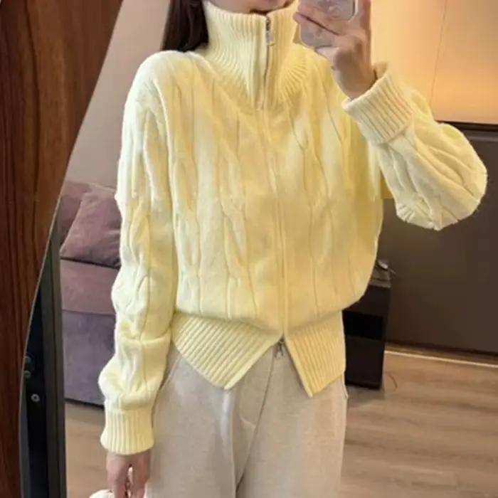 Double fermeture éclair col haut pâte frite torsions pull Cardigan femmes automne et hiver