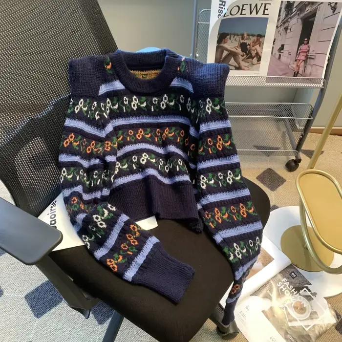 Faire l'édition han couleur rayure broderie épaule droite slams pull femme design sentiment doux vent d'automne nouveau fonds sh
