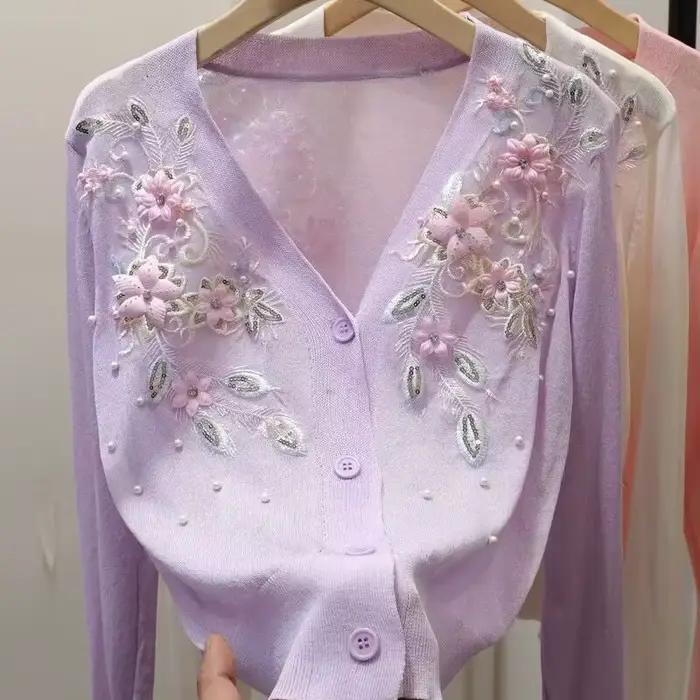 Pull féminin cardigan 2025 printemps automne en viscose avec perles 3D fleur broderie pour femmes occassions spéciales