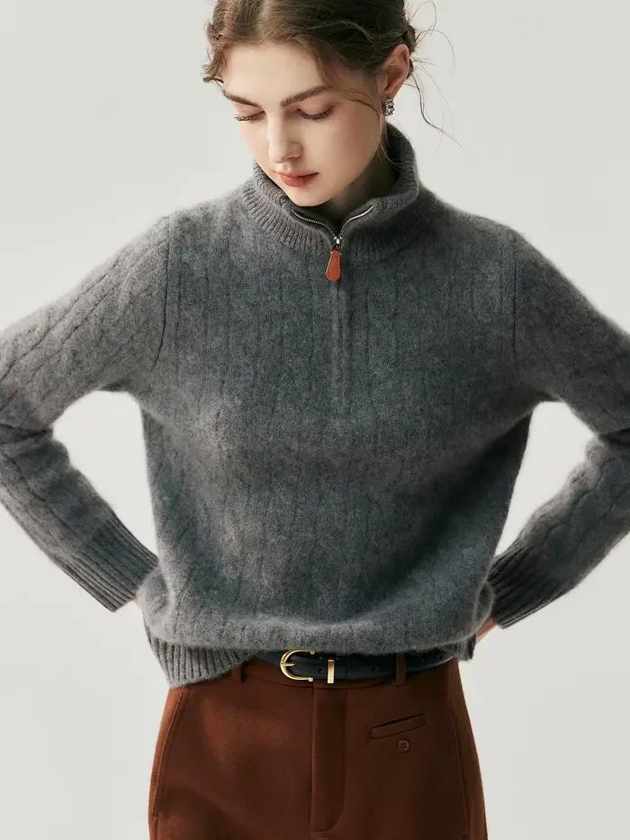 Pull en cachemire torsadé Huashan pour femme, col montant, demi-fermeture éclair, tricoté, chaud, automne et hiver, coupe ample, style bureau dame, manches longues, option couleurs blanche, bleue, grise, rouge