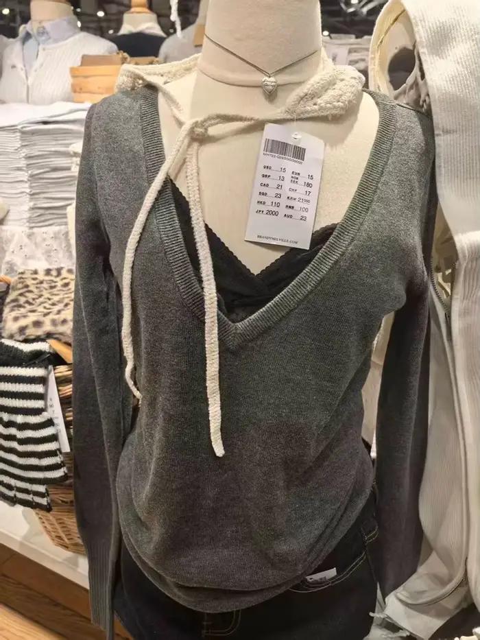 Pull gris à col en V pour femme, style streetwear vintage chic Y2K, automne-hiver, confortable et élégant, tricoté en coton et élasthanne, idéal pour toutes les occasions