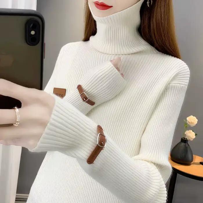 Pull tricoté col roulé uni tendance pour femme – Nouveauté automne – Haut décontracté ample style coréen
