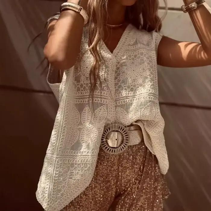 Vintage coton sans manches Crochet gilets vestes pour femmes débardeurs été ample Boho plage couvrir décontracté