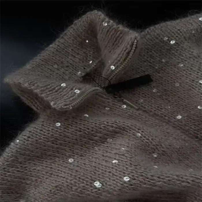 Pull Pailletté Élégant Automne Hiver Femme Style Y2K Occasions Spéciales Tricot Polyester Coton Col Montant Manches Longues