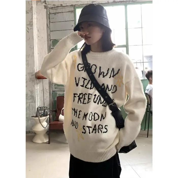 Korejpaa pull femmes automne hiver mode coréenne lettre brodée col rond tricoté