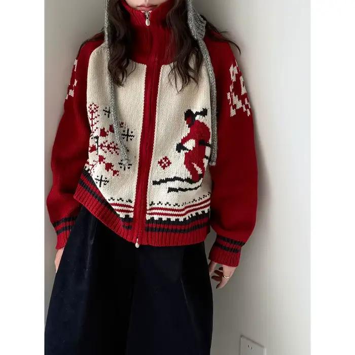 Pull rétro Jacquard à Double fermeture éclair pour femme