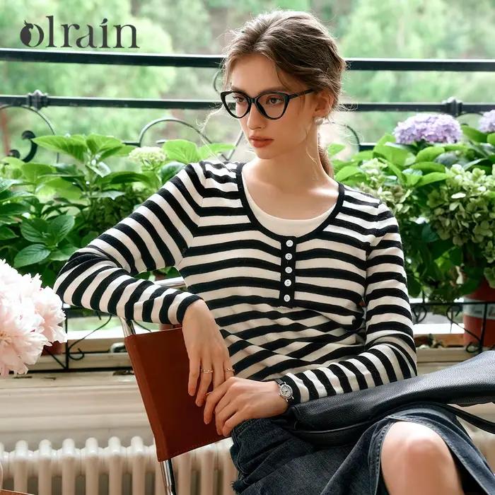 Pull OLrain rayé pour femmes, automne 2024, tricot simple, deux pièces à manches longues, chemise, style élégant, confort durable, occasions variées