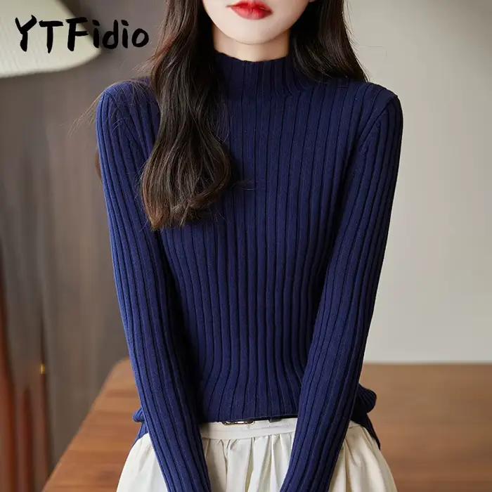 YTFidio 100% coton femmes cordon élastique demi-col haut rayé solide pull décontracté basique femme
