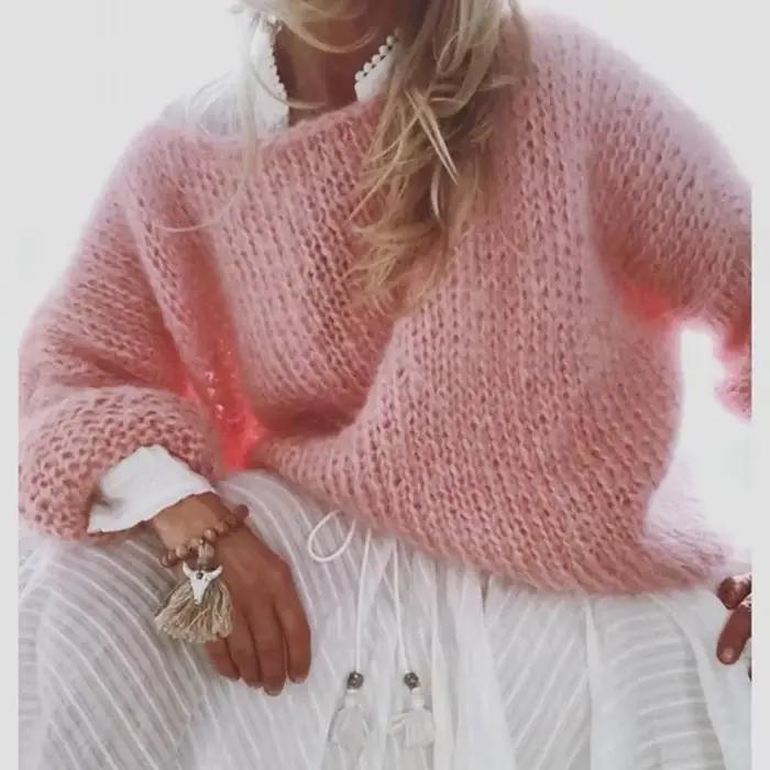 Mohair-Pull moelleux à manches longues lanterne pour femmes
