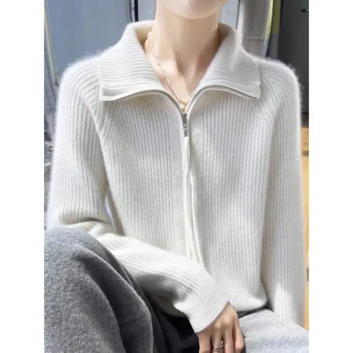 Femmes pull 2025 fermeture éclair Cardigans automne hiver épais chaud col rabattu mode solide coréen tricoté
