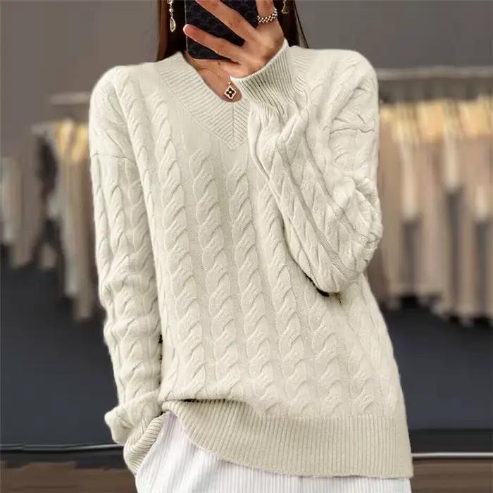 Col en v femmes pull automne hiver nouvelle mode à manches longues tricot