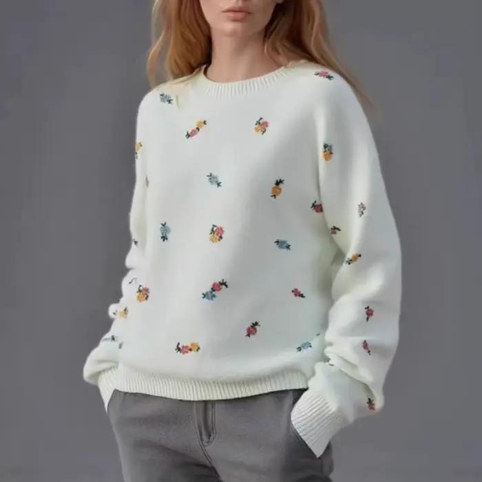 2025 femmes col rond pull automne hiver nouvelle broderie florale lâche tricot