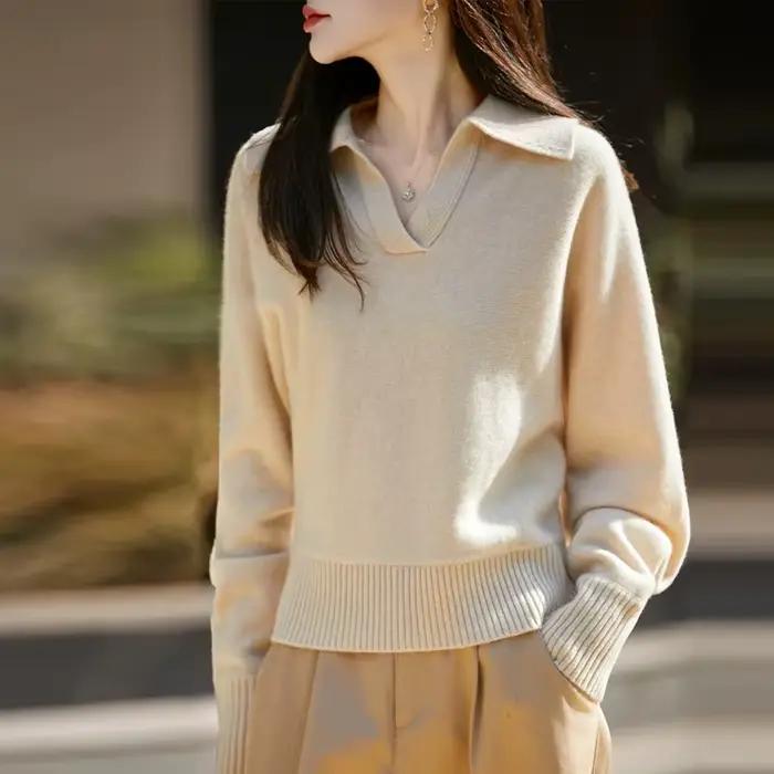Pull rayé à manches longues en laine contrastée pour femme