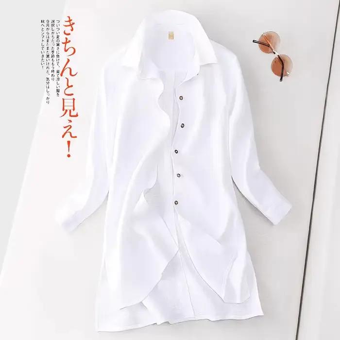 Blouse cardigan longue en coton et lin pour femme, rétro et littéraire, décontractée et élégante, idéale pour printemps-automne, occasion décontractée, style bureau dame