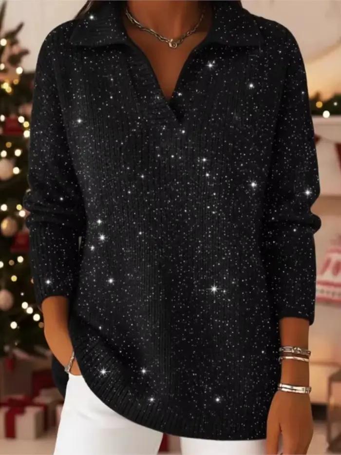 Mode paillettes pull dame décontracté tricot à manches longues col en V