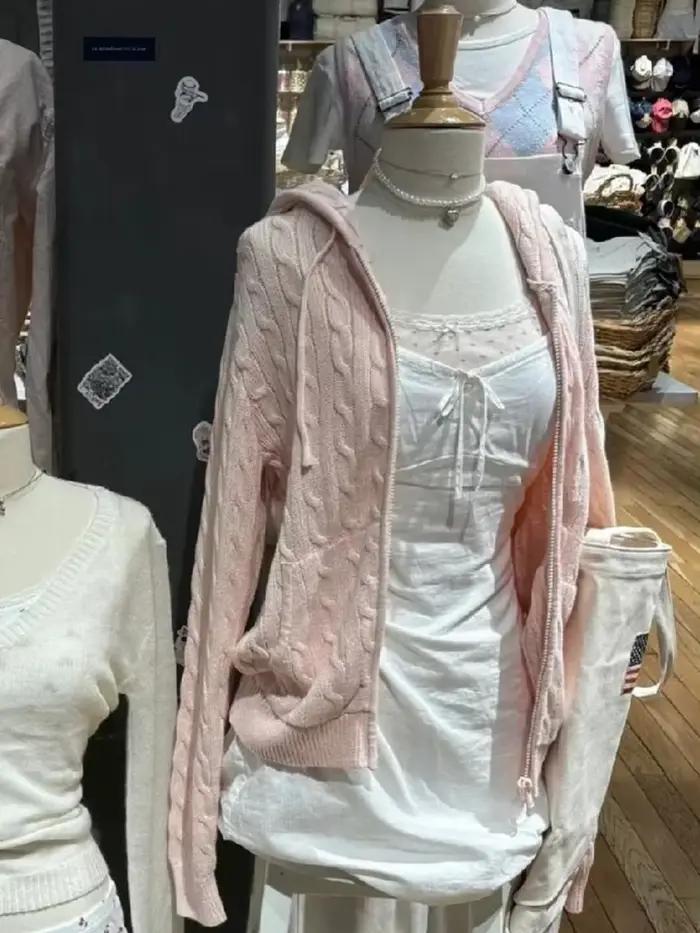 Cardigan tricoté à fleurs torsadées pour femmes, pull à manches longues, doux, manteau Y2K, haut de saison automne, capuche, fermeture éclair, style streetwear