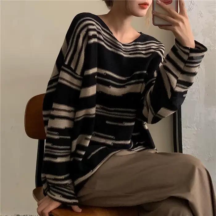 Pull rayé ample gothique bleu ciel style hip hop rétro pour femmes automne hiver