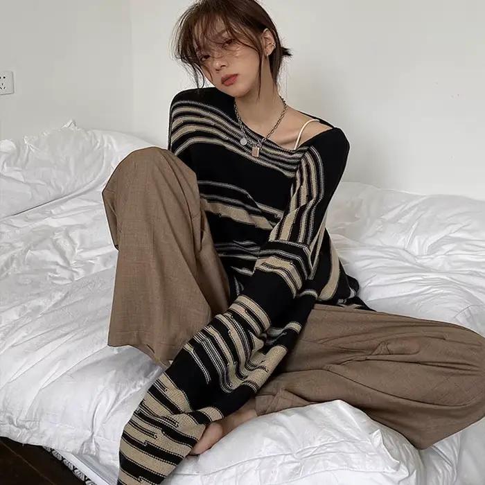 Pull rayé ample gothique bleu ciel style hip hop rétro pour femmes automne hiver