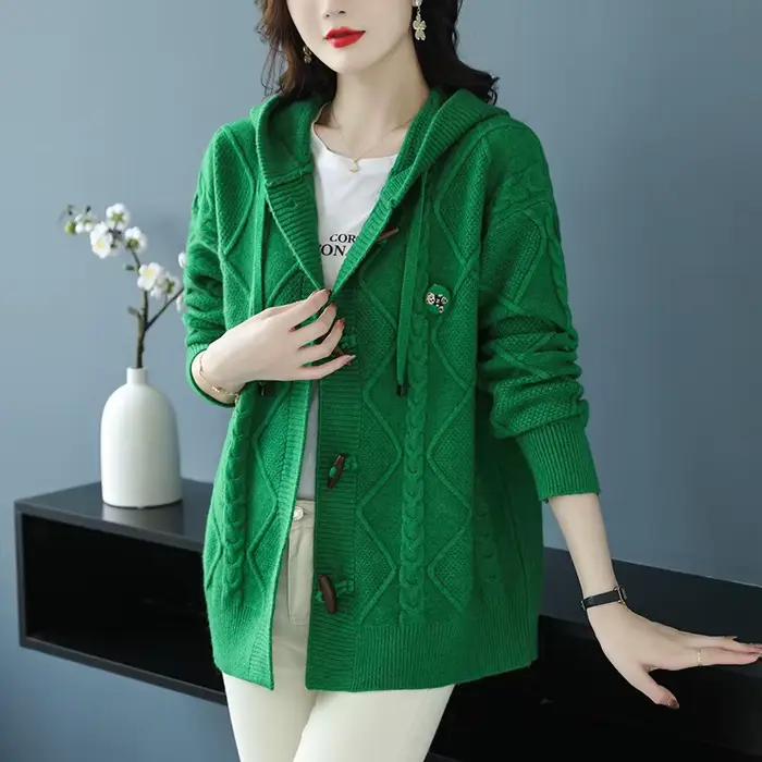 Cardigan Femmes Printemps Automne 2025 Nouveau Ample à Manches Longues Capuche Chic Décontracté Vestes Tricots