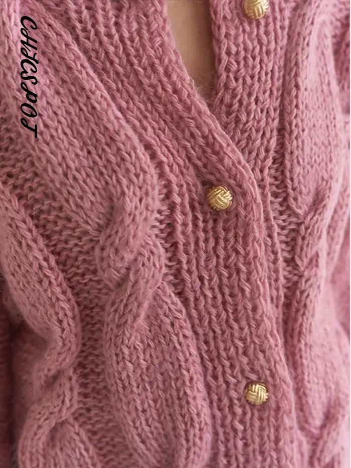Cardigan en tricot épais et solide avec boutons dorés pour femme