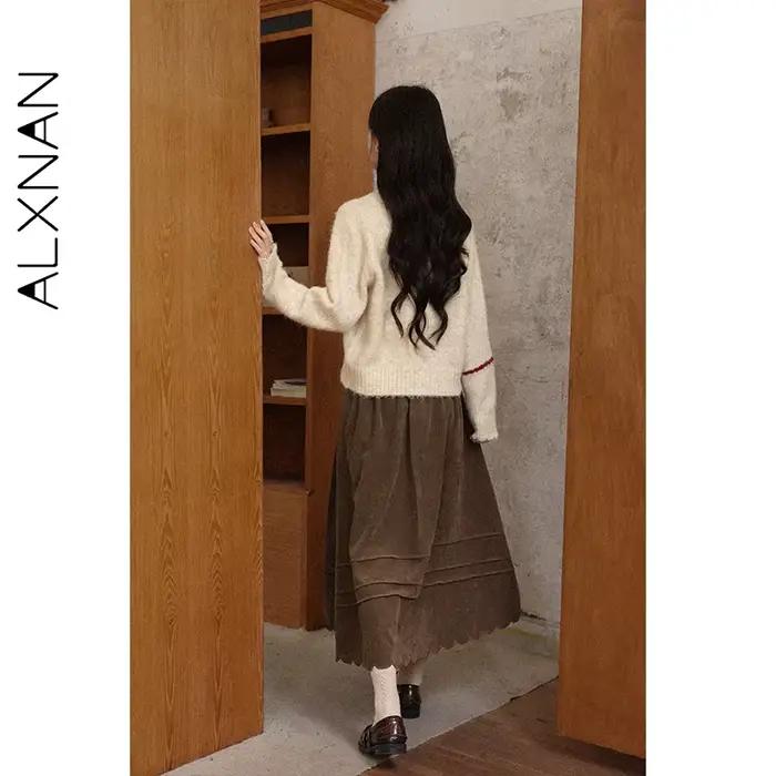 ALXNAN Pull en laine abricot 2026 Automne Hiver à manches longues