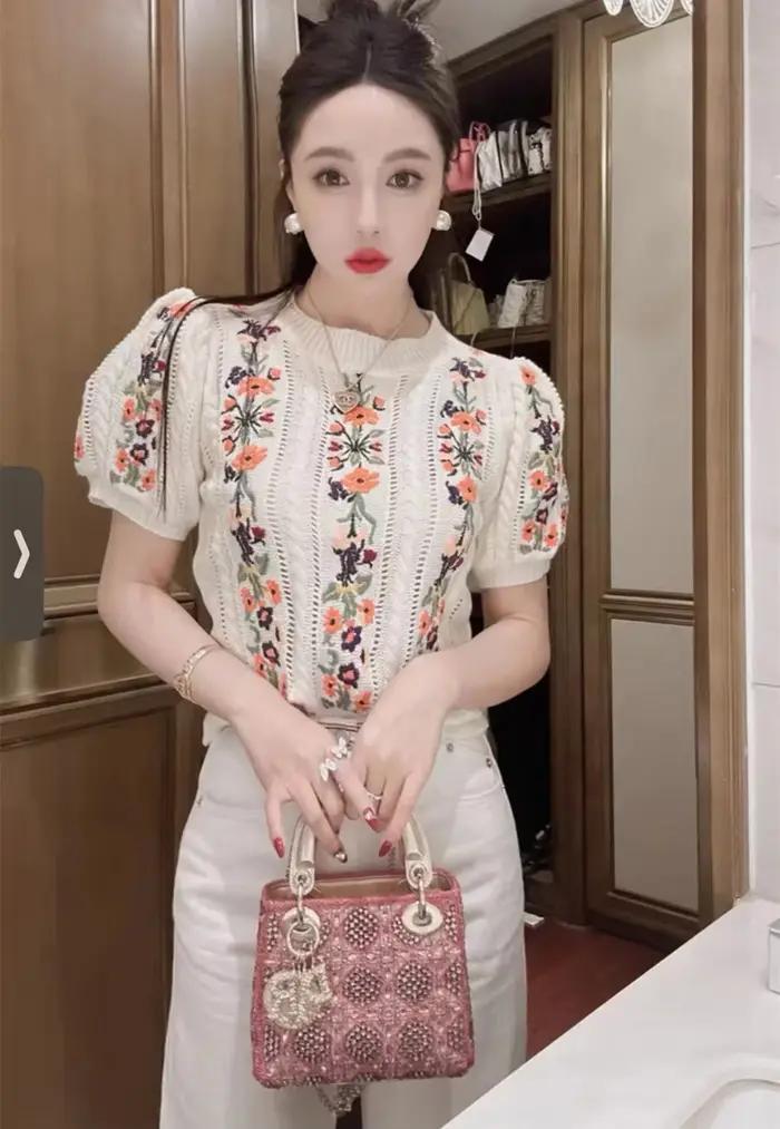 Pull brodé à manches bouffantes et col rond pour femmes, haut vintage et élégant, tricot chic à la mode, été, style floral, artisanat tricoté