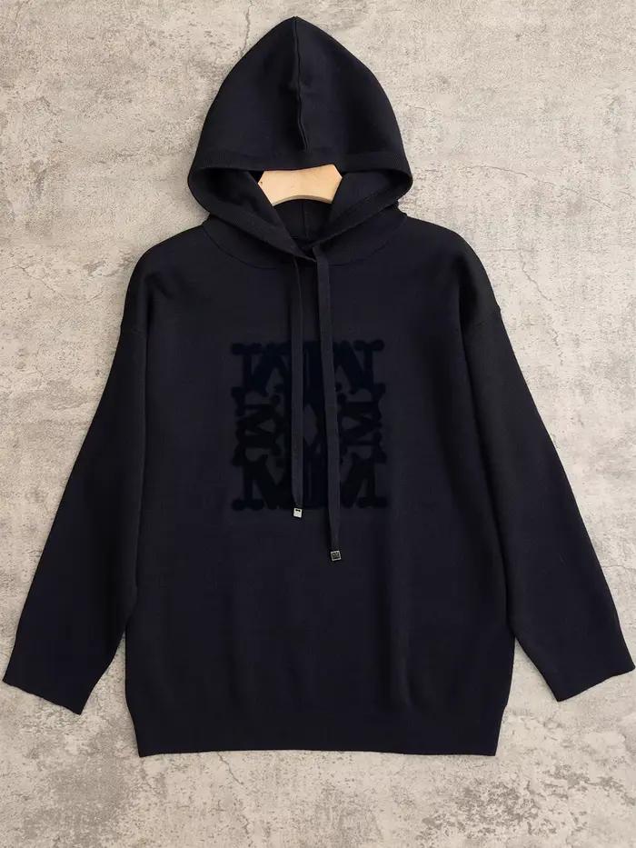 Lettre Jacquard femmes tricot pull à capuche 100% laine 5 couleurs ample décontracté dame cordon