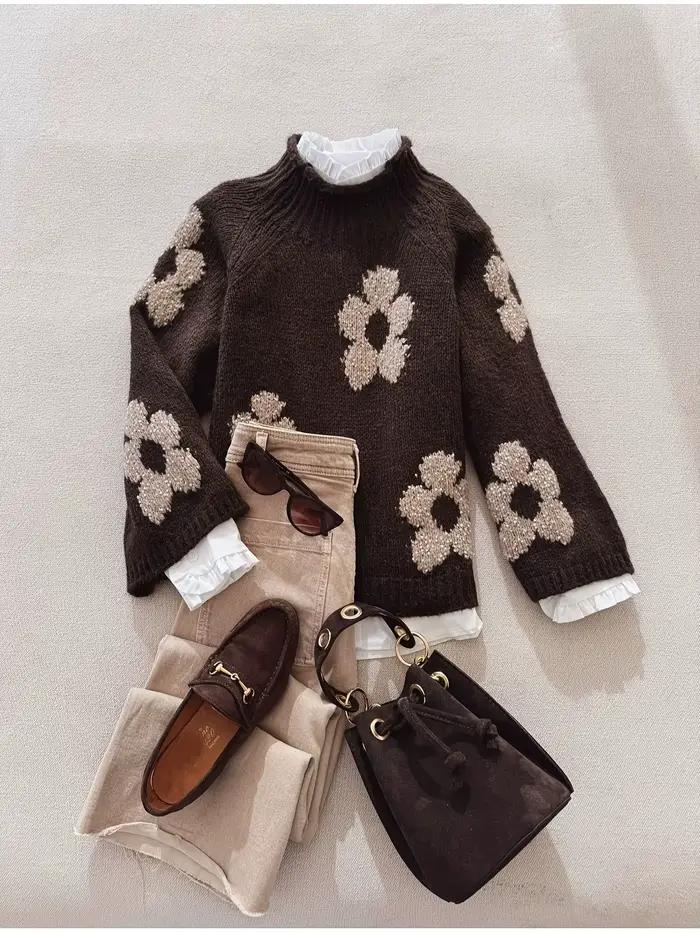 Hiver femmes tricot pull côtelé conception florale à manches longues