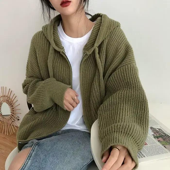 Pullover-Cardigan Epais et Chaud pour Femme Manteau Vintage a Capuche Avec Poches et Fermeture Eclair Collection Automne Hiver Occasions Speciales