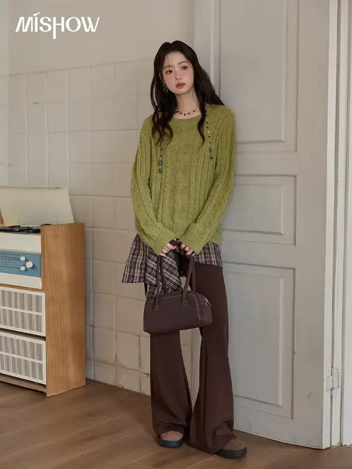 MISHOW pull pour femme 2025 automne hiver vert rétro corde torsadée conception creuse haut en tricot ample luxe banlieue MXE49Z2520