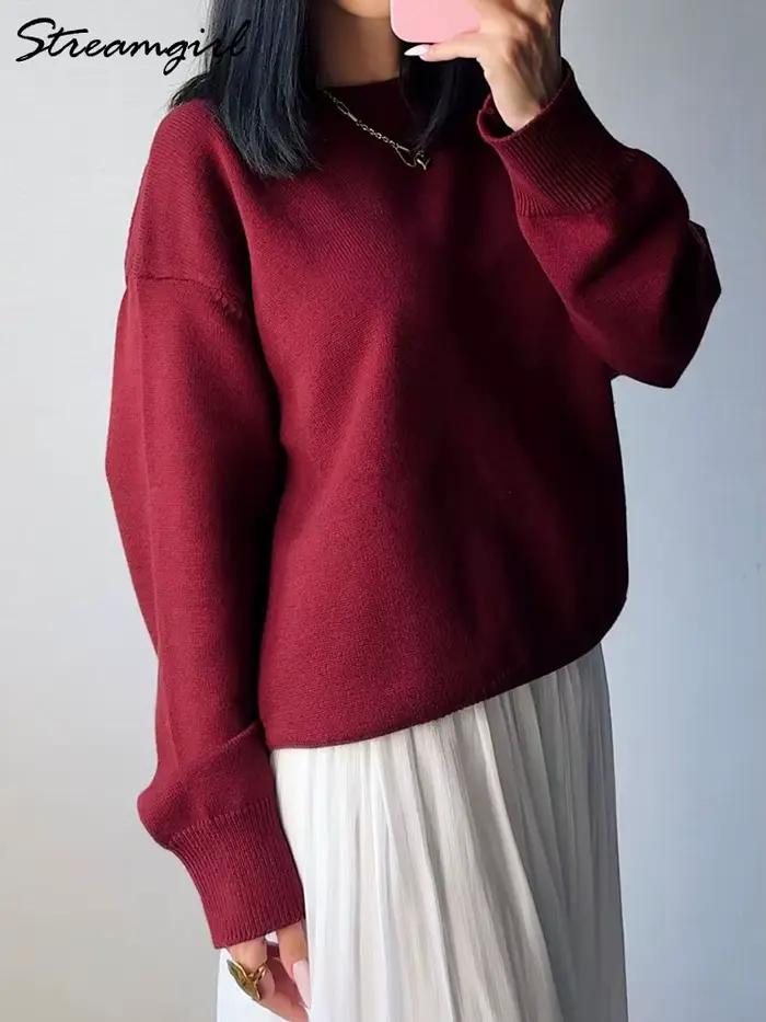 Pull basique surdimensionné bordeaux pour femme