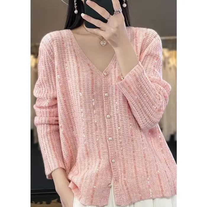 Femmes coréennes pull tricoté paillettes brillant rayé automne hiver Chic Y2k manches longues Cardigan hauts V Ncek veste tricots