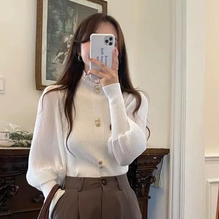 Pull à col roulé en dentelle à manches longues pour femmes