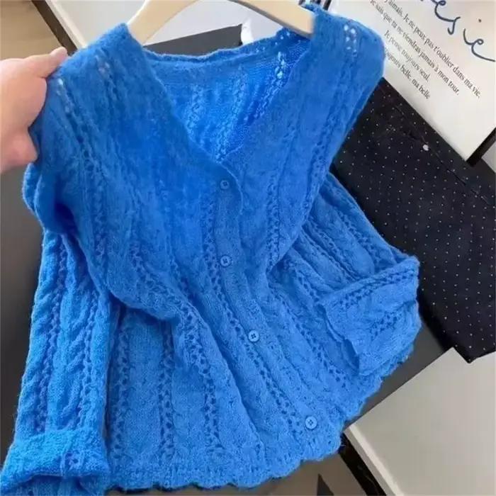 Cardigan bleu délicat à volants pour femme, coupe ample, style décontracté, printemps et automne, col en V, polyester, simple boutonnage, occassions spéciales