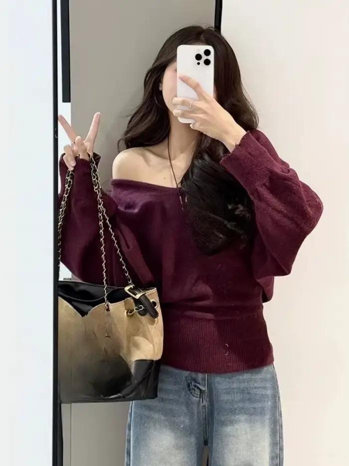 Pull en tricot pour femmes, vêtement col en V, manches chauve-souris, coupe ample, style bureau dame, automne hiver, acrylique élasthanne polyester, à lacets, léger et confortable, pour femmes de 18-24 ans, occassions spéciales et quotidienne