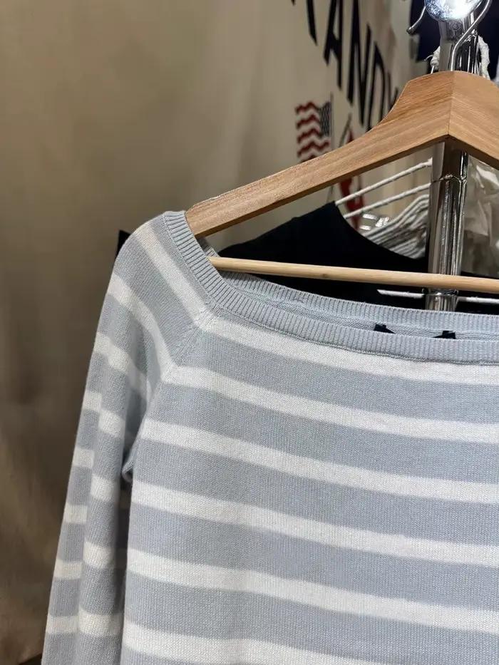 Pull tricoté à rayures bleues en coton et polyester pour femmes, hauts vintage Y2K, préppy, col slash, manches longues, occassions spéciales