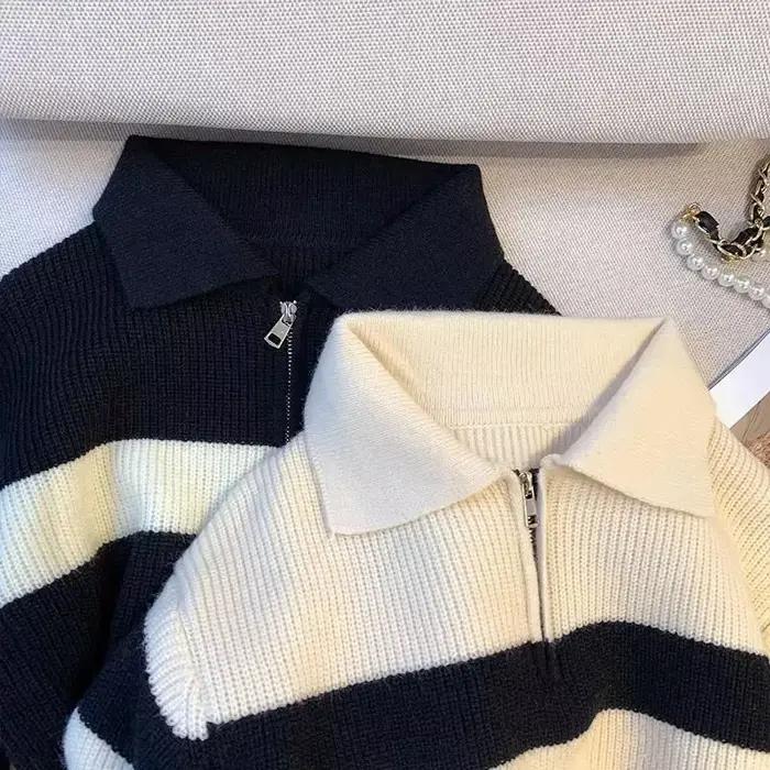 Smvp femmes col rabattu rayé pull Vintage ample à manches longues tricots femme automne hiver chaud tricoté