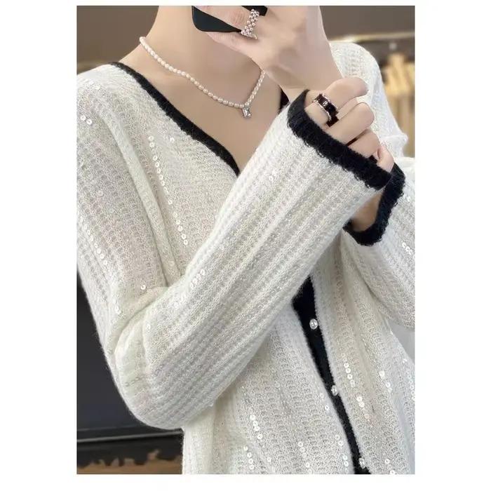 Femmes coréennes pull tricoté paillettes brillant rayé automne hiver Chic Y2k manches longues Cardigan hauts V Ncek veste tricots