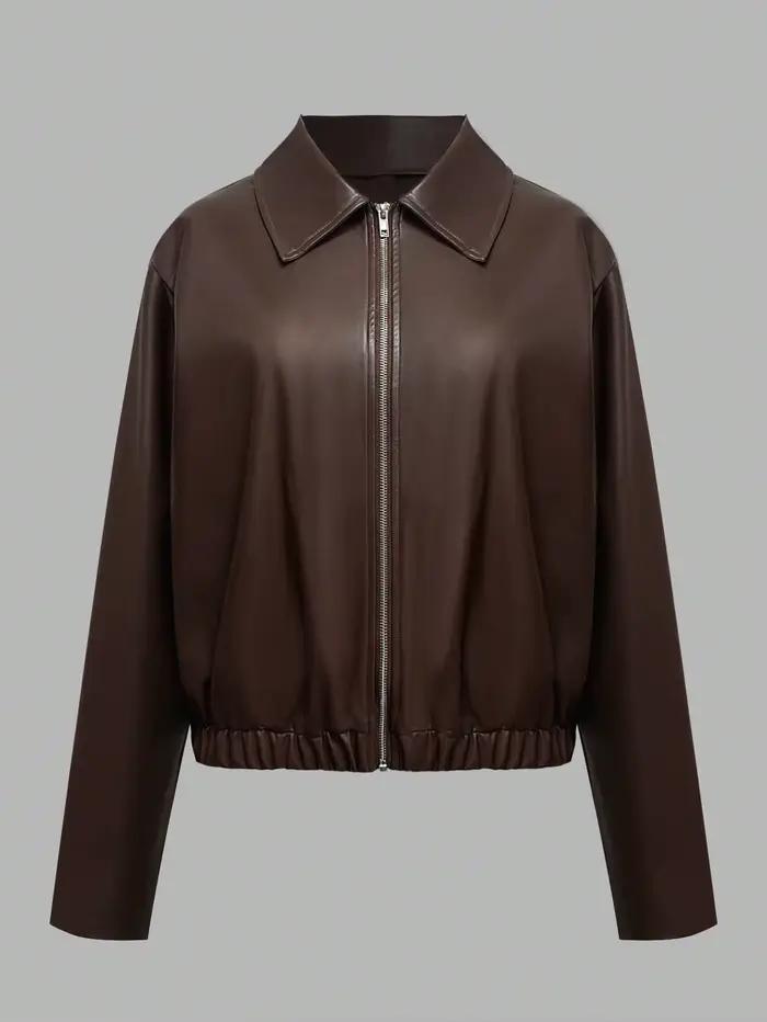 Veste en simili cuir marron chocolat ample à revers pour femmes, veste bomber courte pour le printemps et l'automne, adaptable à divers styles et occasions